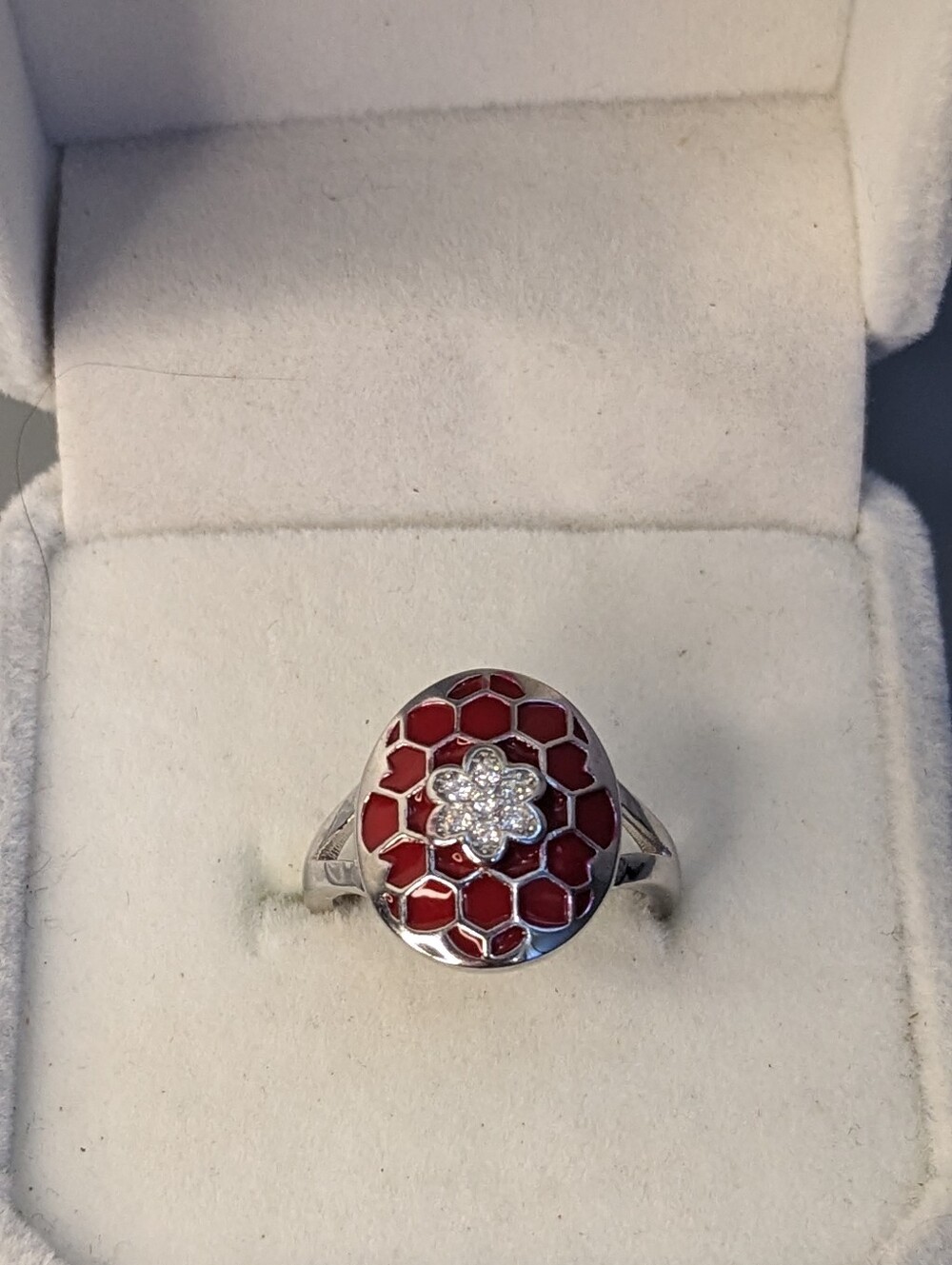 Sterling Silver Red Enamel CZ Floral Ring Size Five Modern Premium Statement